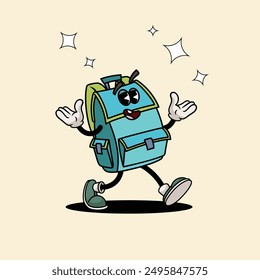 Back to school walking funny retro groovy backpack character. Best for school, educational creativity designs. Vector illustration.