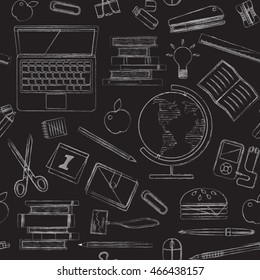Back to school wallpaper ornament. Vector illustration seamless pattern with stationery, books, computer and globe on blackboard. White chalk on black