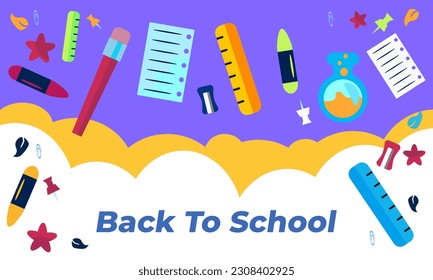 back to school wallpapers. illustration of white clouds on a purple background, crayons, rulers, brushes, pencil sharpeners, etc