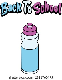 Back to school water bottle with pink cap and blue body, cute bee mascot, isometric style clipart perfect for education, learning and children stationery design projects.