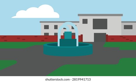 Back To School Water fountain in front of a building garden scene with fountain, building