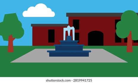 Back To School Water fountain in front of a red brick building with fountain, building