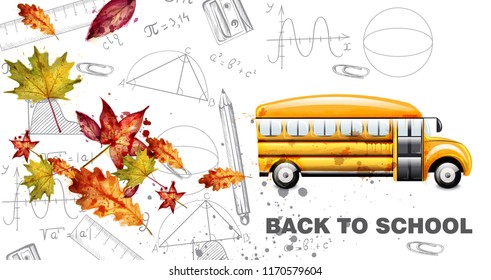 Back to school watercolor card Vector. Yellow bus and leaves. Math symbols backgrounds