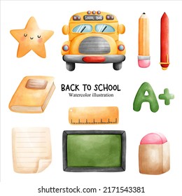 Back To School, Watercolor Stationary. Vector Illustration
