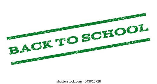 Back To School watermark stamp. Text caption between parallel lines with grunge design style. Rubber seal stamp with scratched texture. Vector green color ink imprint on a white background.