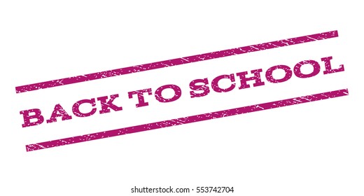 Back To School watermark stamp. Text tag between parallel lines with grunge design style. Rubber seal stamp with unclean texture. Vector purple color ink imprint on a white background.