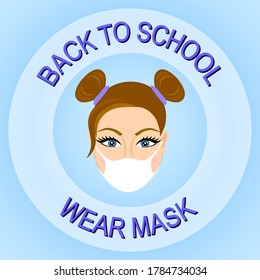 Back to school wear mask poster. Blue background. A girl with topknots wearing face mask