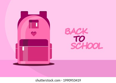 Back to school web banner, background or wallpaper. Colorful kid backpack illustration. Student pink bag in flat style. Vector EPS 10
