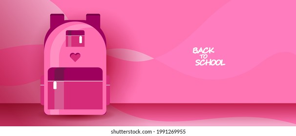 Back To School Web Banner, Background Or Wallpaper. Colorful Kid Backpack Illustration. Student Pink Bag In Flat Style. Vector EPS 10