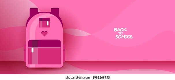 De vuelta a la web de la escuela banner, fondo o fondo de pantalla. Colorida ilustración de mochila infantil. Bolsa rosa para estudiantes de estilo plano. EPS vectorial 10