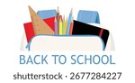 Back to school web banner. School bag, backpack with class supplies. Vector illustration