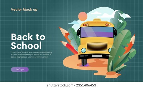 Back to school. Web banner with school bus on road, green checkered chalkboard background. Vector illustration