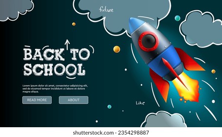 Back to School, web banner with cartoon rocket and doodle clouds. Creative or educational banner, ad, landing page or poster. Vector illustration