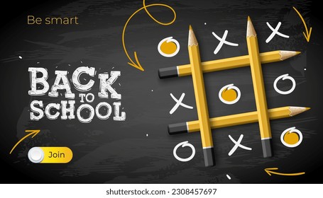 Back to school web banner, chalkboard with tic tac toe game, pencils makes and doodle, vector illustration