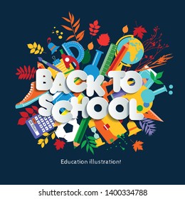 Back to school web banner, colorful kid illustration with class supplies and happy typography quote.