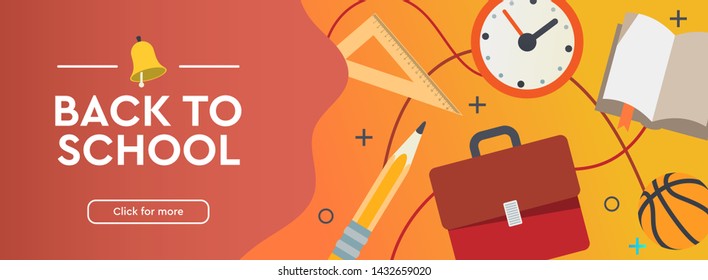 Back to school web banner, colorful supplies, vector illustration.