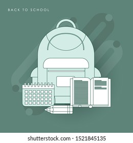 Back to school web banner, colorful kid backpack illustration. Concept of line icon with green theme
