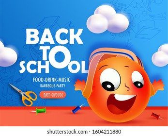 Back to school web banner, colorful emoji backpack illustration. Student bag with class supplies