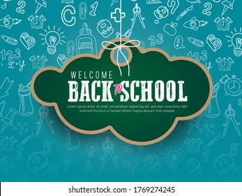 Back to school web banner, colorful kid backpack illustration. Student bag with class supplies and happy typography quote. EPS10 vector.