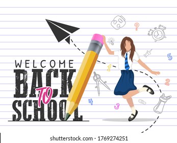 Back to school web banner, colorful kid backpack illustration. Student bag with class supplies and happy typography quote. EPS10 vector.