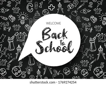 Back to school web banner, colorful kid backpack illustration. Student bag with class supplies and happy typography quote. EPS10 vector.