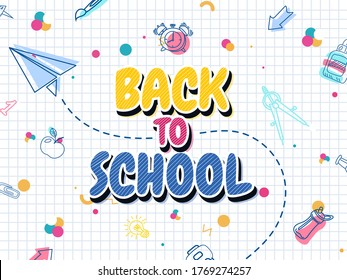 Banner de regreso a la escuela, colorida ilustración de la mochila infantil. Bolso estudiantil con material de clase y cita feliz de tipografía. Vector EPS10.