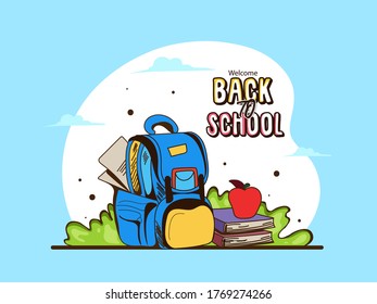 Banner de regreso a la escuela, colorida ilustración de la mochila infantil. Bolso estudiantil con material de clase y cita feliz de tipografía. Vector EPS10.