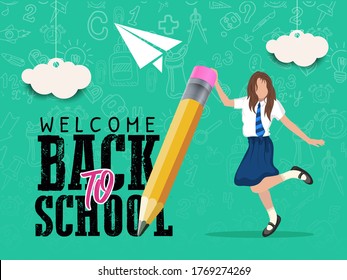 Back to school web banner, colorful kid backpack illustration. Student bag with class supplies and happy typography quote. EPS10 vector.