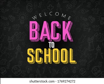 Back to school web banner, colorful kid backpack illustration. Student bag with class supplies and happy typography quote. EPS10 vector.