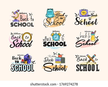 Back to school web banner, colorful kid backpack illustration. Student bag with class supplies and happy typography quote. EPS10 vector.