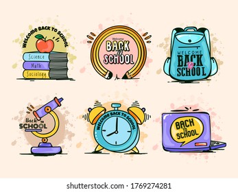 Back to school web banner, colorful kid backpack illustration. Student bag with class supplies and happy typography quote. EPS10 vector.