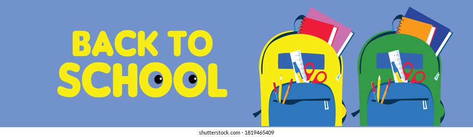 Back to school web banner, colorful kid backpack illustration. Student bag with class supplies and happy typography quote
