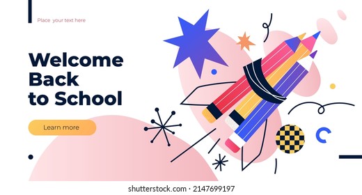 Back to School web banner. Creative or educational process banner, ad, landing page or poster for web design studio, startup or courses. Vector image
