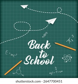 Back to school web banner. creative poster with back to school lettering logo and paper planes. pencil and chalkboard educational elements. vector illustration