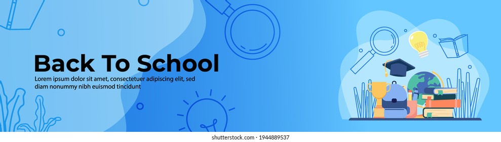 Back to school Web Banner Design. School bag, trophy, stack of books, education ornament. header or footer banner.
