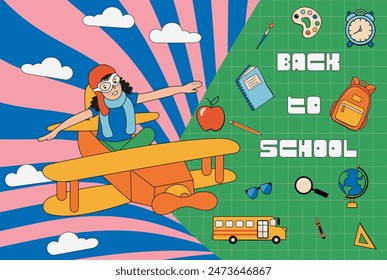 Back to school web banner design. Child flying on airplane. Use for sale of school goods, event invitation. Retro y2k groovy poster. Education conception.