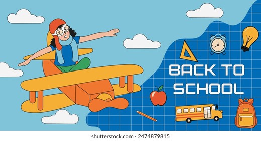 Back to school web banner design. Child flying on airplane. Use for sale of school goods, event invitation. Retro y2k groovy poster. Education conception.