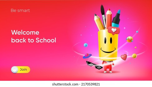 Back to School web banner with different pencils in holder and social media icons. Creative educational poster, ad, landing page, vector illustration