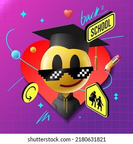 Back to school. Web banner with emoji Smiling face in graduation hat and social media icons. Training courses, digital learning. Vector image