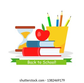 Back to School Web Banner Flat Vector Template. Office Stationery, Textbooks Internet Shop. Schoolchildren Bookstore. Hourglass, Time Management Symbol. University, College Homework Illustration