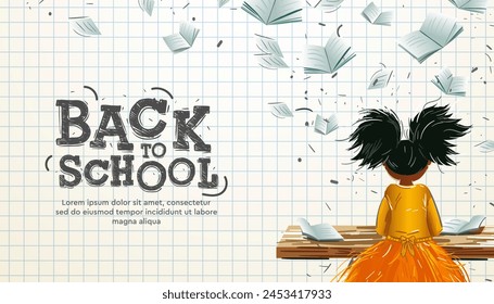 Back to school web banner. School girl in classroom at lesson, flying books surround, checkered background, vector illustration
