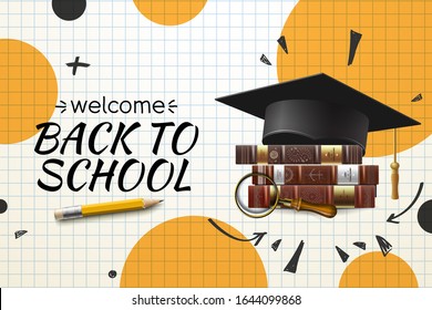 Back to School, web banner with graduation hat and books. Template for retail marketing promotion and education related. Vector illustration.