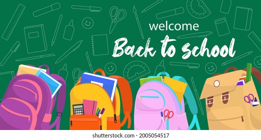 Back to School web banner. Green background with colorful illustrations of backpacks and educational supplies.