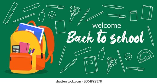 Zurück zu Schulwebbanner, Illustration eines hellen Schulrucksacks mit Schulartikeln und Elementen. Schultasche mit Unterrichtsartikeln und Inschrift. Vektorbanner-Design.