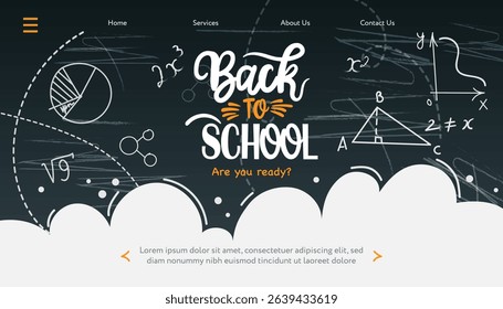 Back to School web banner with mathematical formulas doodles style drawing on black chalkboard. Digital internet tutorials and courses, online education, e-learning. Template for website, landing page