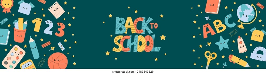 Back to school web banner. Office stationery elements vector background. School rectangular horizontal colorful banner. Cute funny educational characters pen, book, ruler, globe and text. 