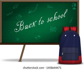 Back to school web banner on the white background. Banner with school Board and school backpack. Vector illustration template