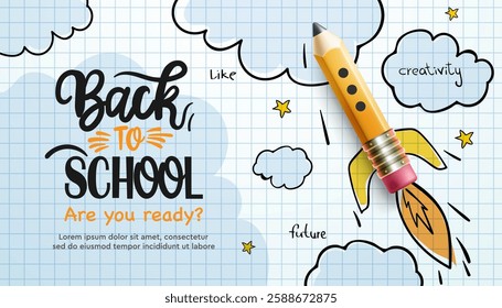 Back to School web banner. Pencil rocket ship and doodle style drawing. Digital internet tutorials and courses, online education, e-learning. Vector template for website, landing page and mobile app