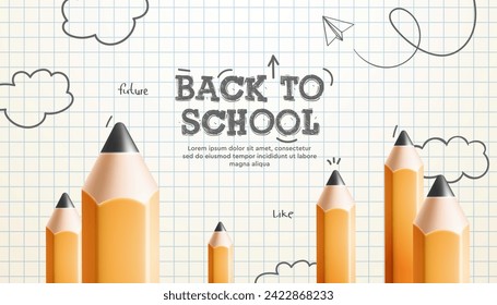 Back to school web banner with pencils on the checkered paper and doodle clouds drawing, vector illustration