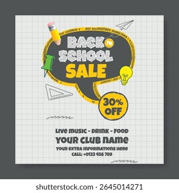 Back to school web banner, post, ads template for Sale discount offer, Back to school party post, school admission banner, preschool, educational square flyer with educational supplies elemements